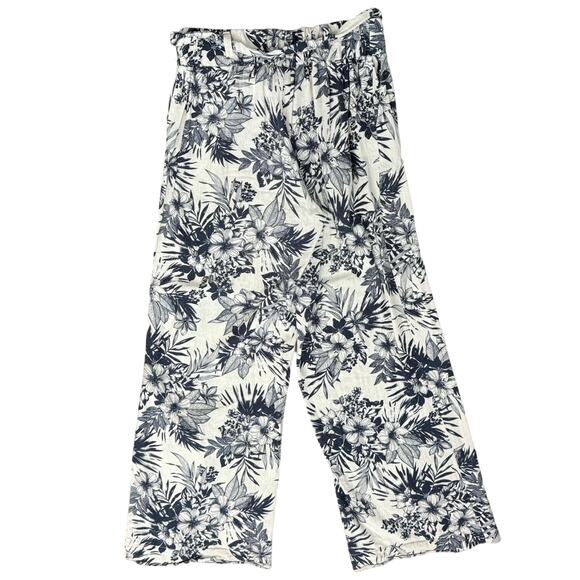 Beau Dawson Blue White Floral Linen Blend Wide Leg Tie Front Pants size M 8-10 - Picture 3 of 12